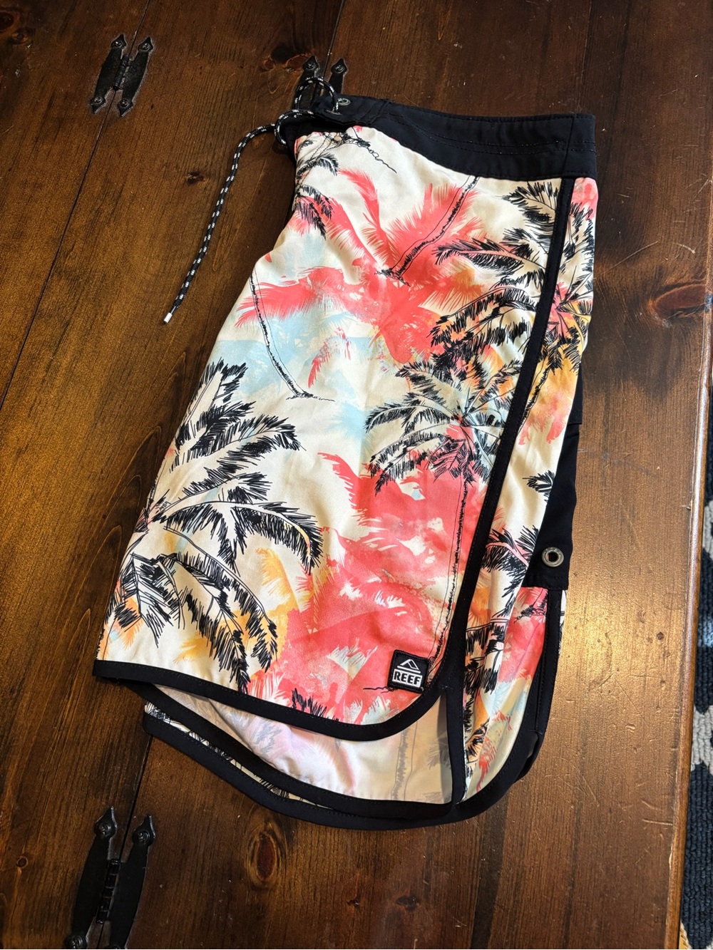 Reef Coral, Black & Cream Palm Print Boardshorts